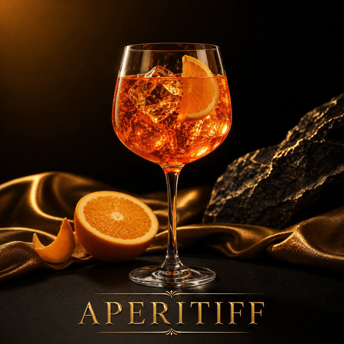 Amber orange aperitif cocktail in clear stemmed glass with ice and orange slice garnish