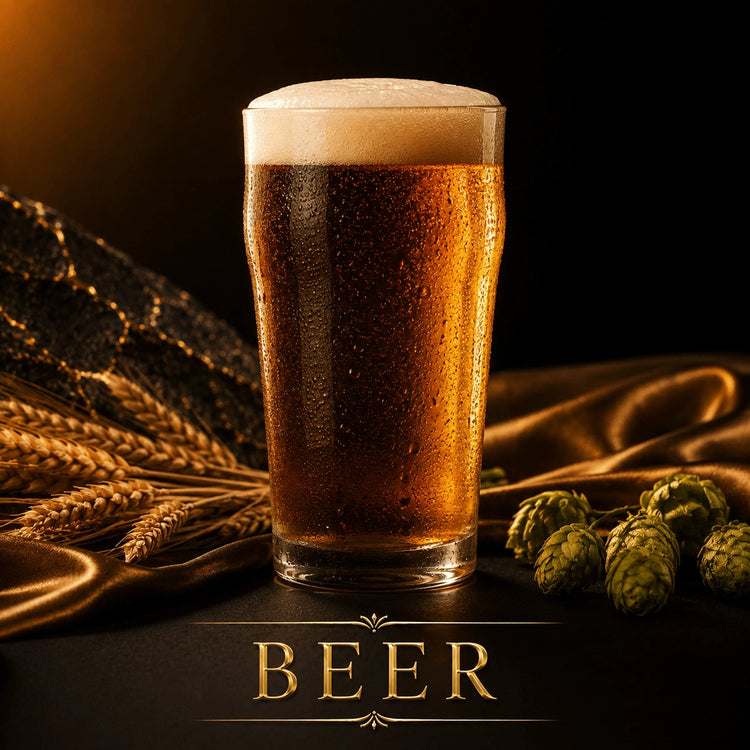 Amber beer in condensation-covered pint glass with foam head, wheat stalks and hop cones on bronze satin