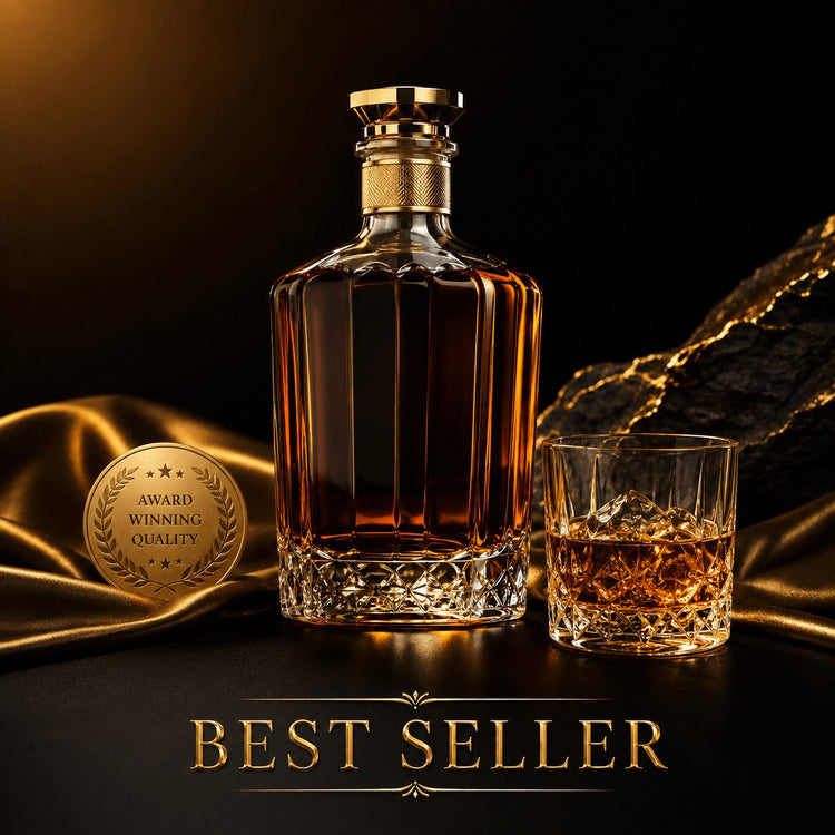 Best seller luxury faceted crystal whiskey decanter and cut glass tumbler set on gold satin