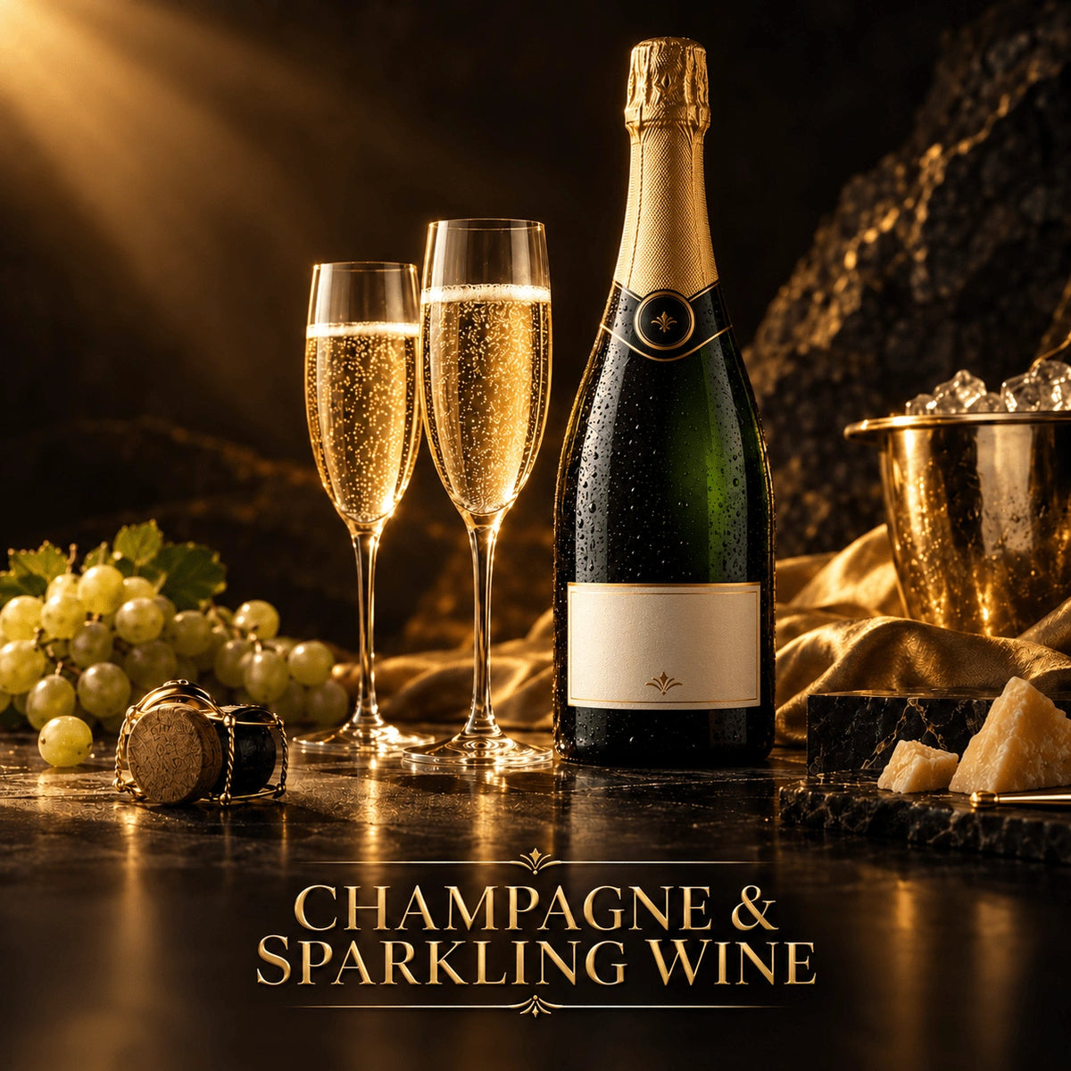 Champagne and sparkling wine collection with dark green bottle, gold foil, flutes, grapes, and cheese