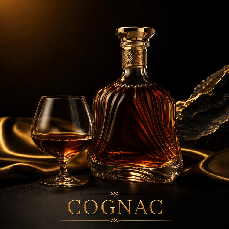 Ribbed luxury glass cognac decanter with gold stopper and snifter on gold satin