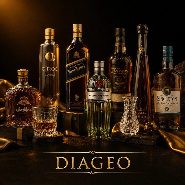 Luxury Diageo spirits collection with Crown Royal, Ciroc, Johnnie Walker Blue Label, and Tanqueray on dark slate