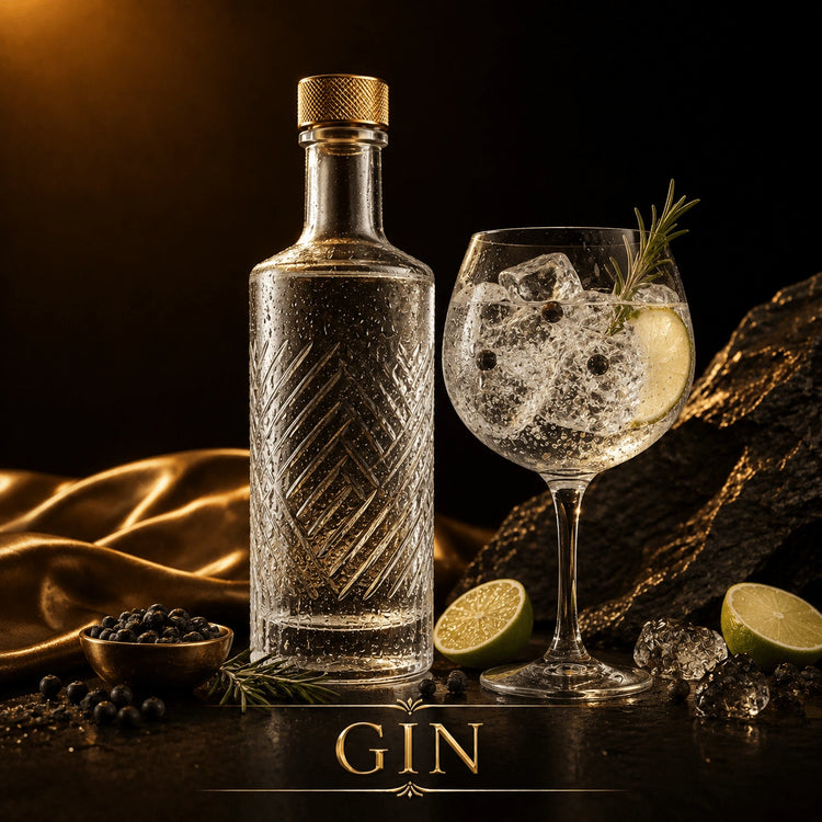 Diamond cross-hatch embossed gin bottle with gold knurled cap served in balloon glass with lime and rosemary