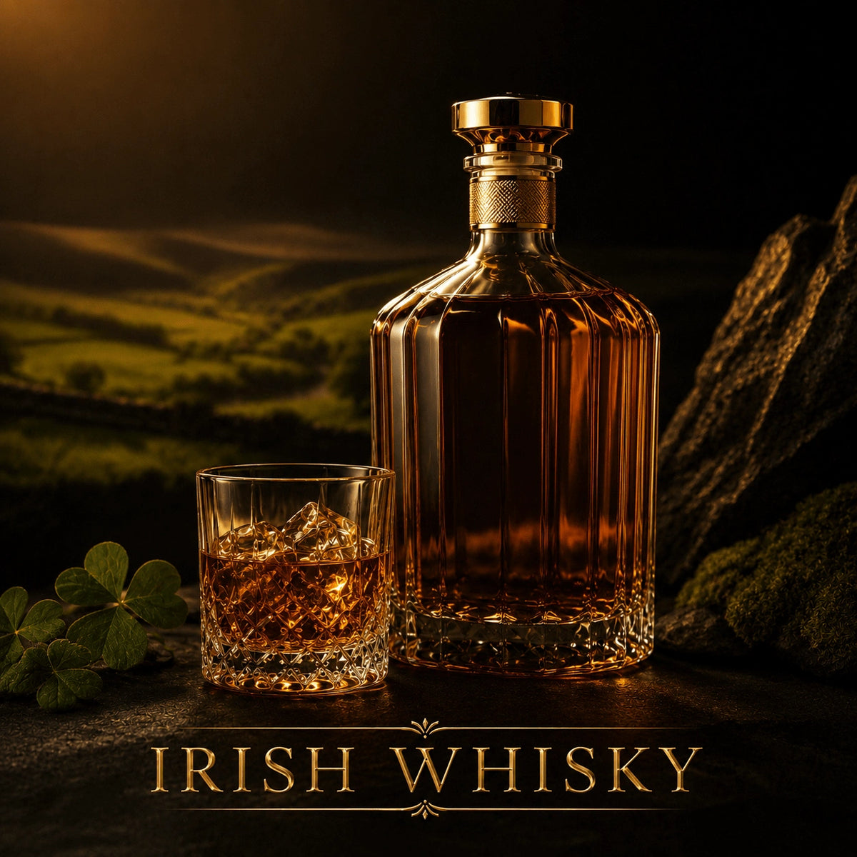 Amber Irish whisky in faceted glass decanter with gold stopper and crystal rocks glass on dark stone