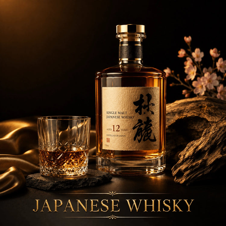 12-year aged single malt Japanese whisky in textured beige label bottle with gold cap, poured into crystal glass on slate coaster