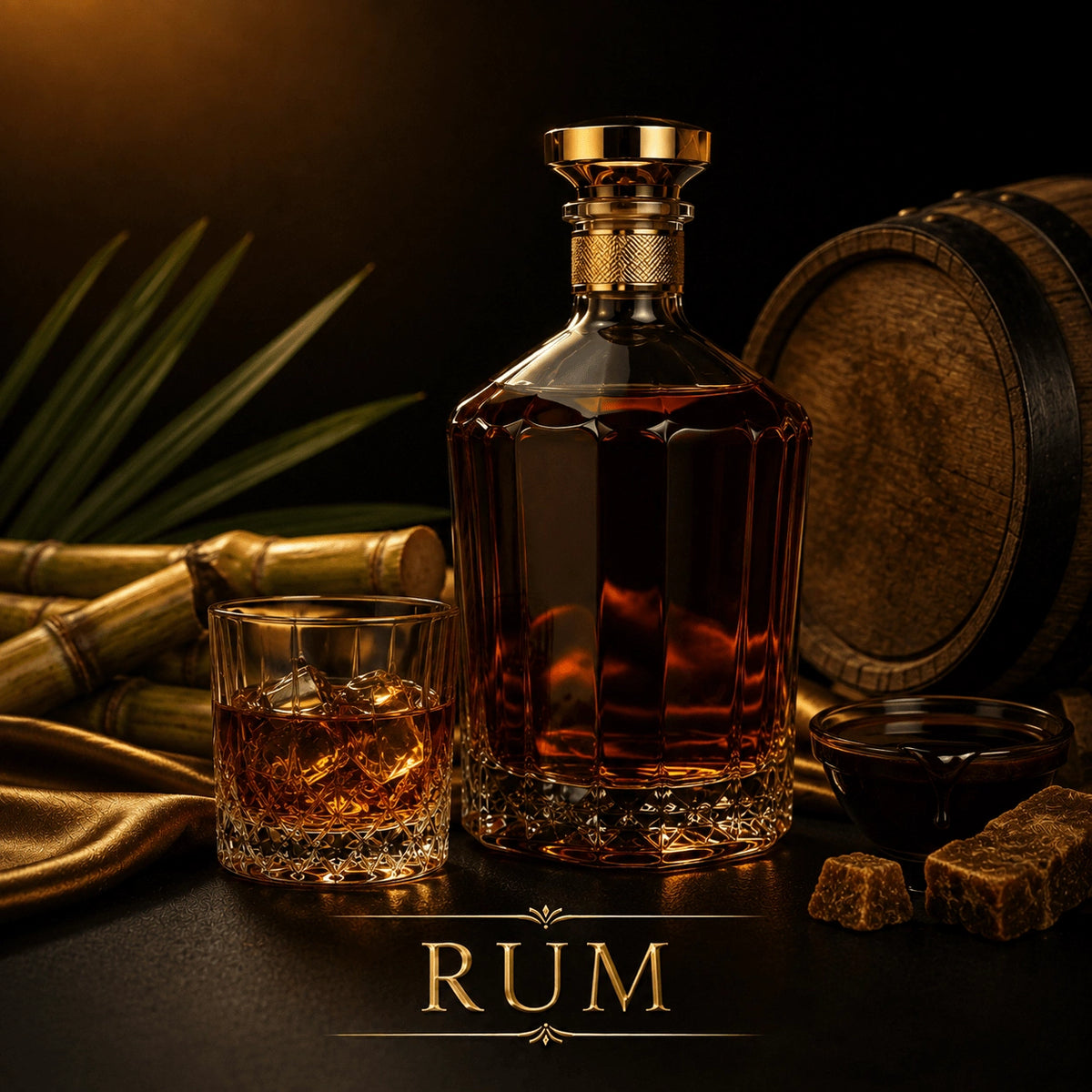 Luxury faceted glass rum decanter with gold stopper and crystal rocks glass