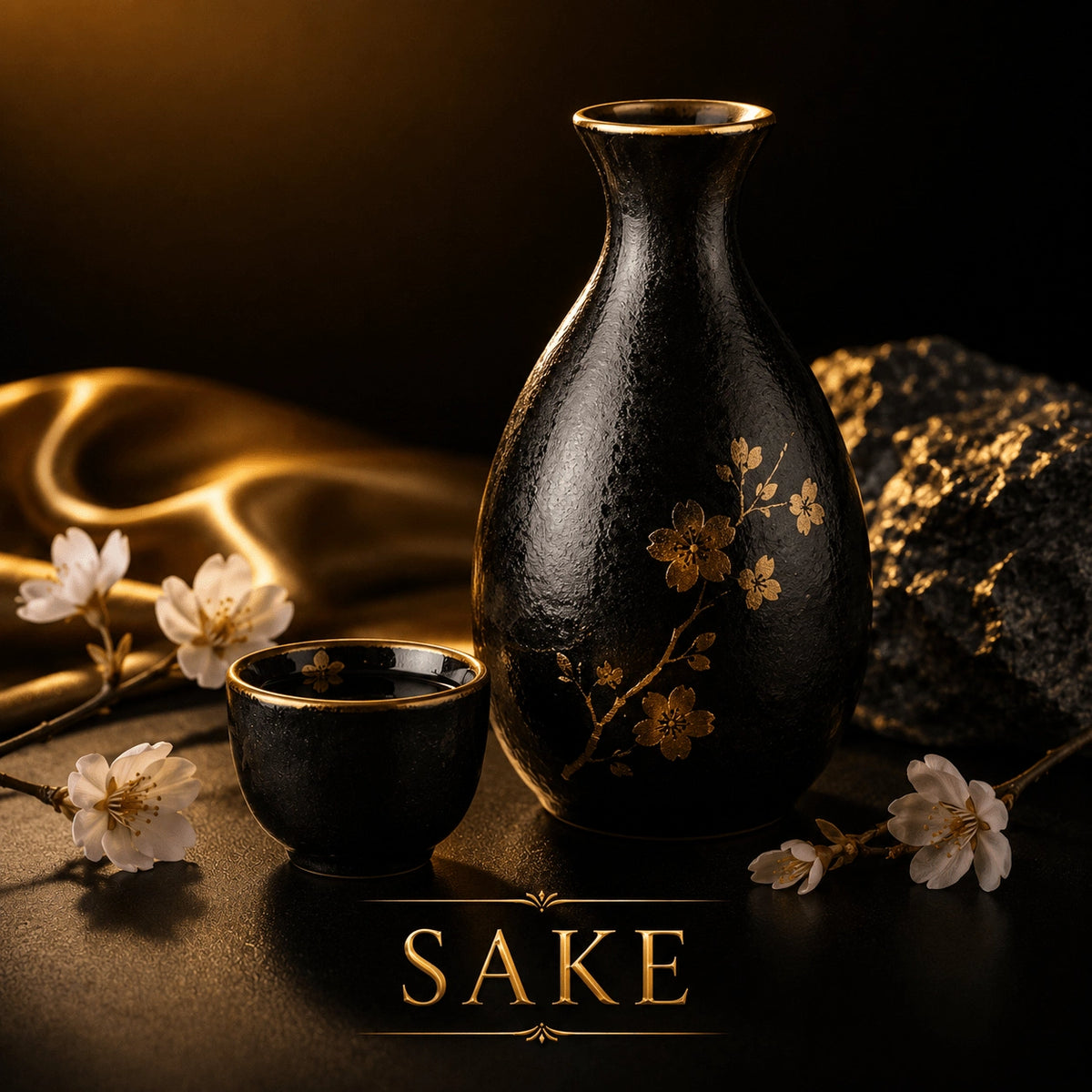 Black ceramic sake set with gold cherry blossom design and matte finish
