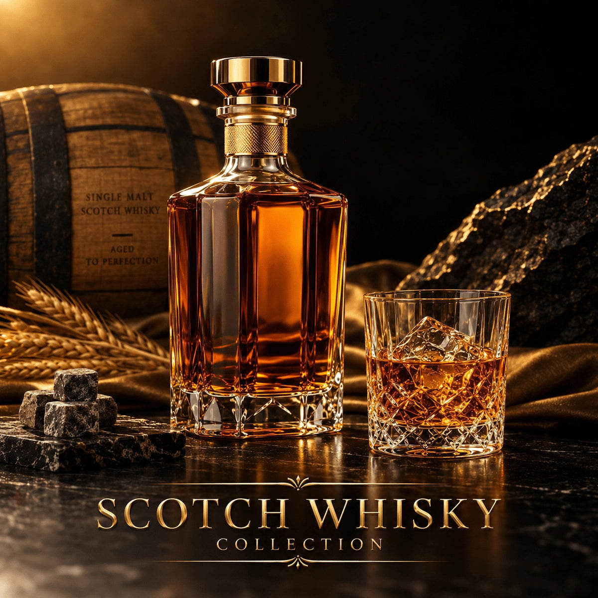 Luxury faceted crystal decanter with gold stopper filled with amber single malt scotch whisky, styled with cut glass tumbler, ice, and grey whisky stones on dark reflective surface