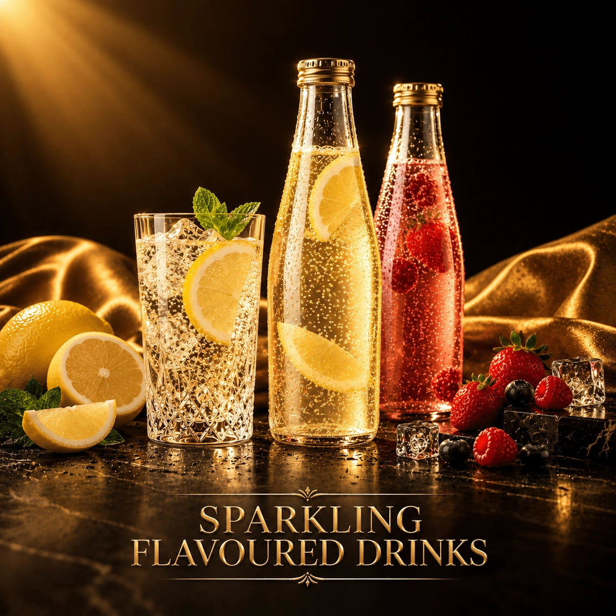 Gold and pink sparkling flavoured drinks in glass bottles with gold caps, served in cut-glass tumblers with ice, lemon, and mint on dark marble