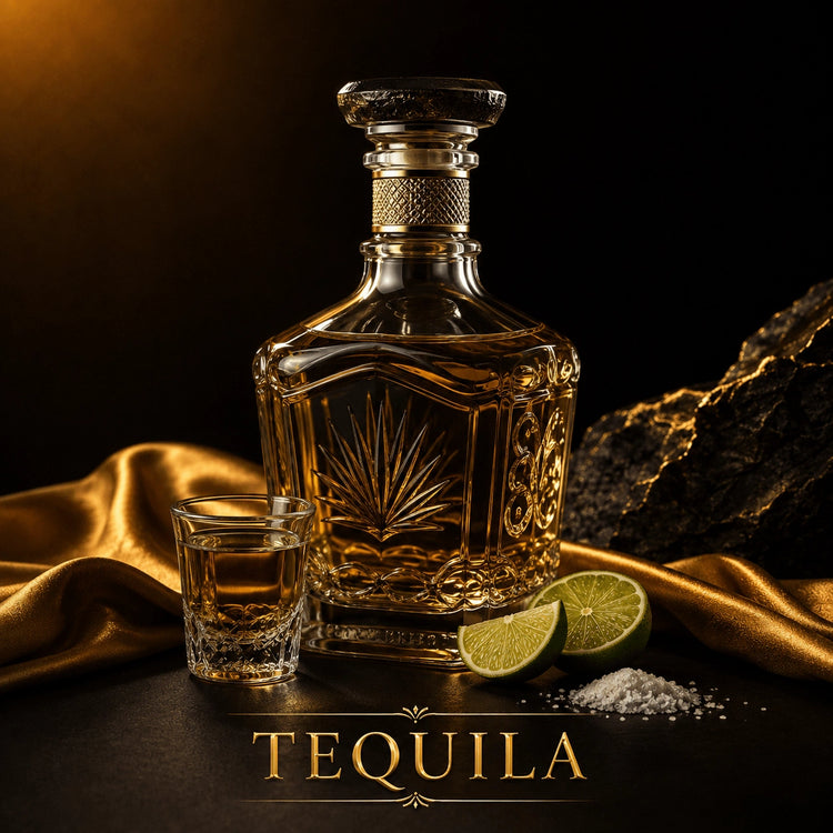 Luxury square cut glass tequila decanter with embossed agave design and gold neck ring, styled on golden satin with lime and salt