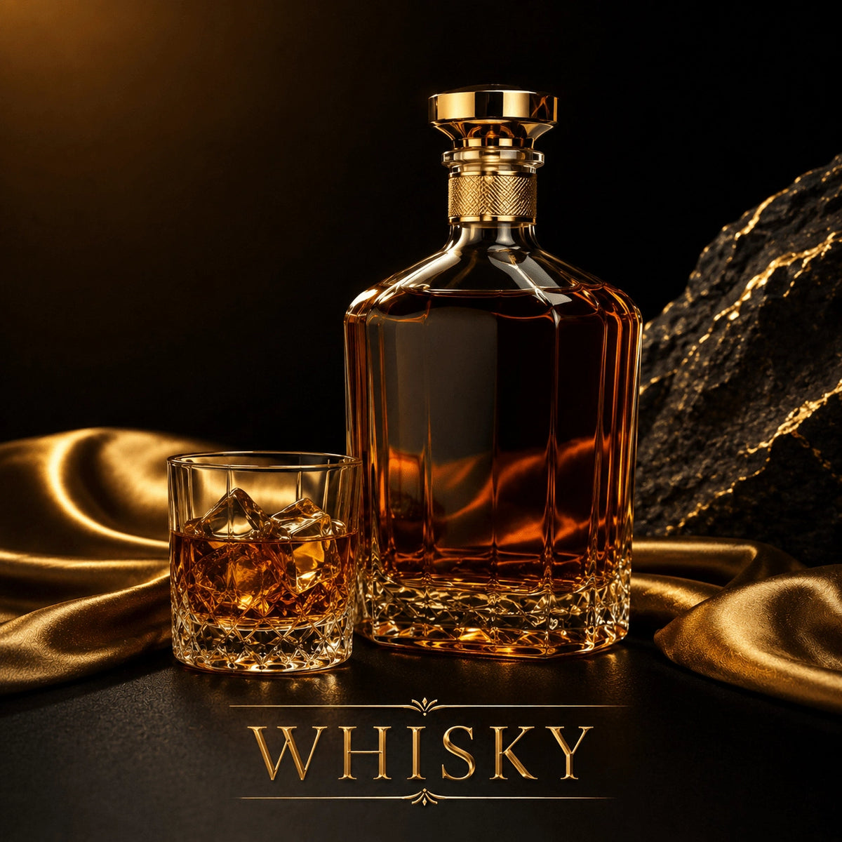 Faceted crystal whisky decanter with gold knurled stopper and cut-glass tumbler on gold satin