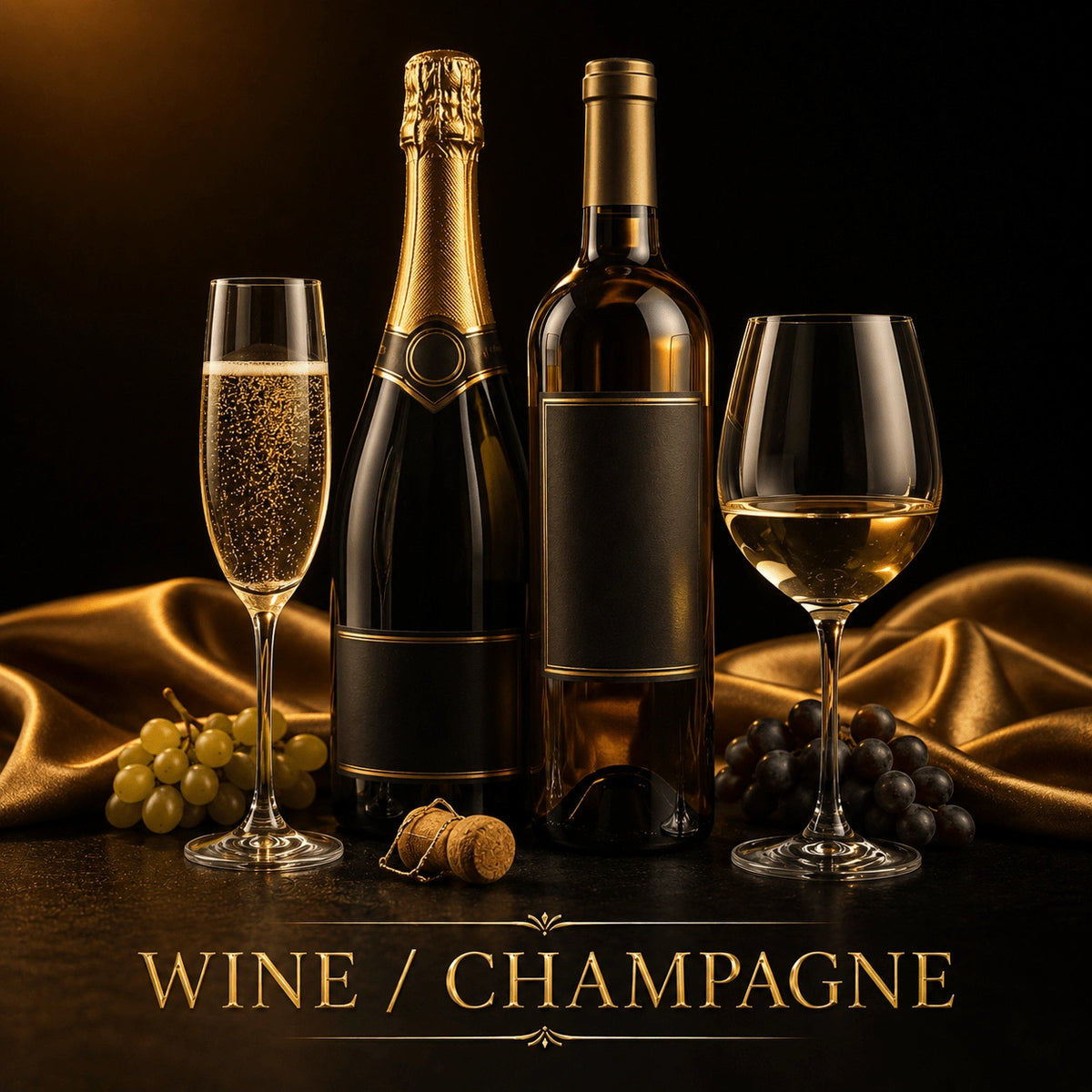 Champagne bottle with gold foil and wine glass on gold satin fabric