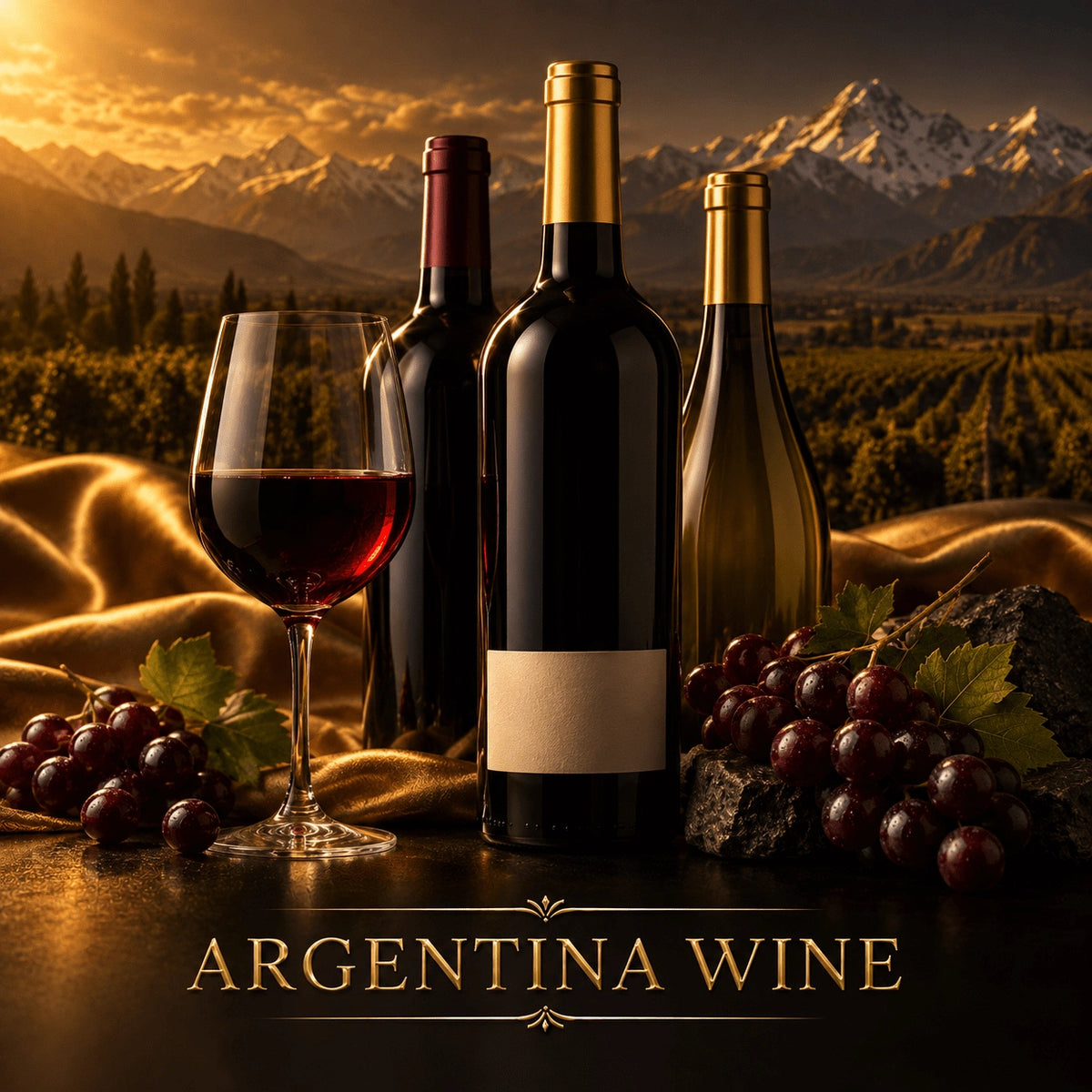Argentina red wine bottles with gold foil on reflective black surface beside grapes and vineyard mountains