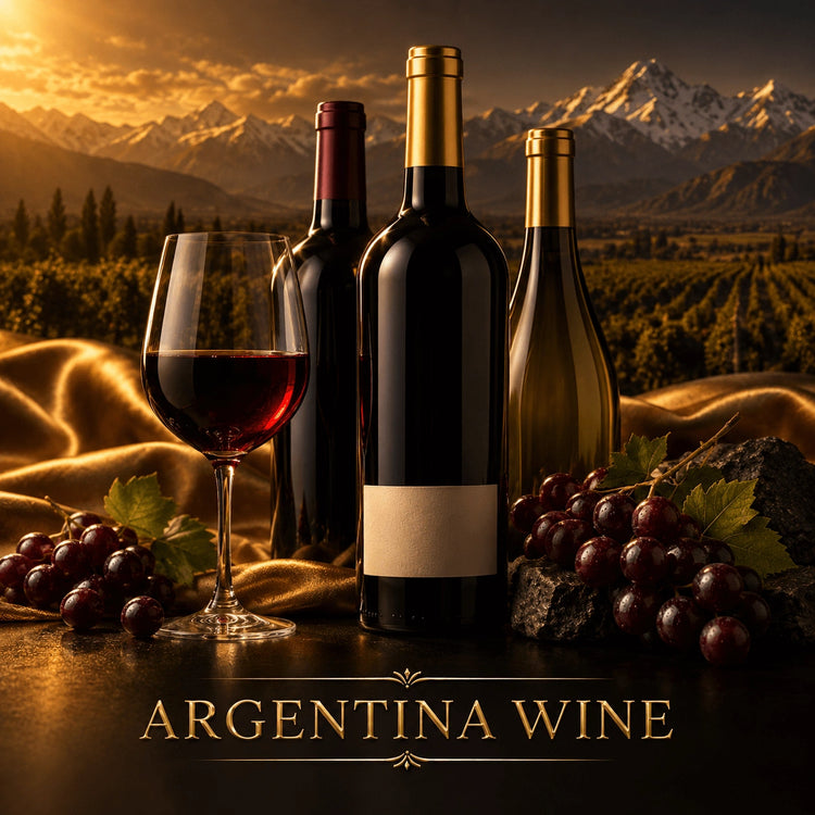 Argentina red wine bottles with gold foil on reflective black surface beside grapes and vineyard mountains