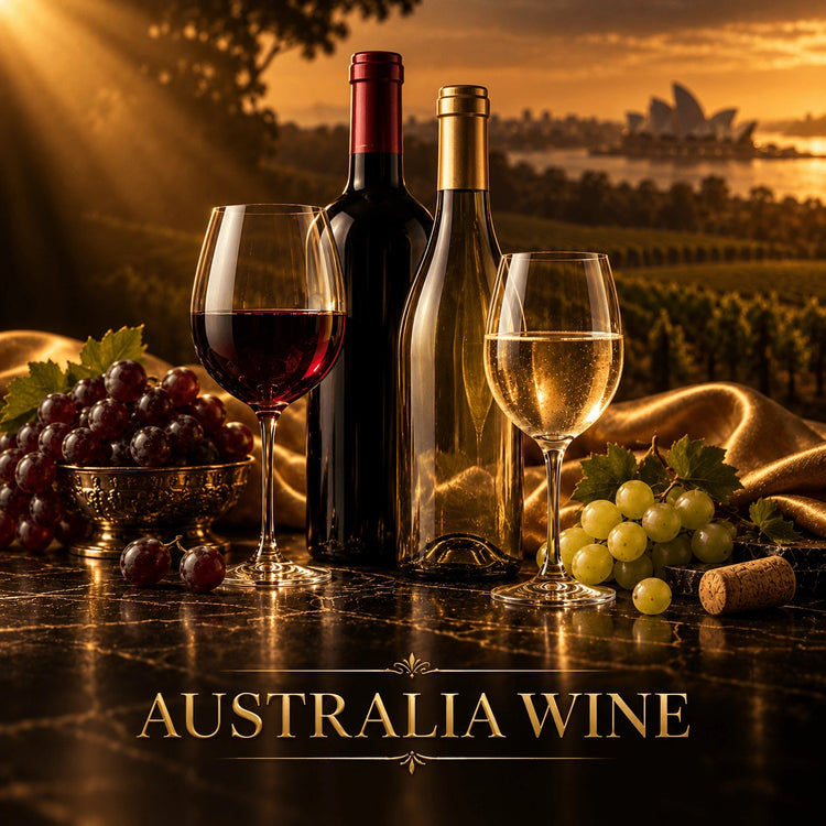 Australia wine collection featuring red and white bottles with foil capsules, grapes, and glasses on black marble against Sydney Opera House sunset