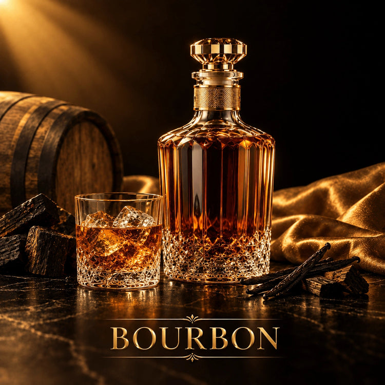 Bourbon whiskey set with faceted crystal decanter, gold stopper, and cut-glass tumblers on dark marble