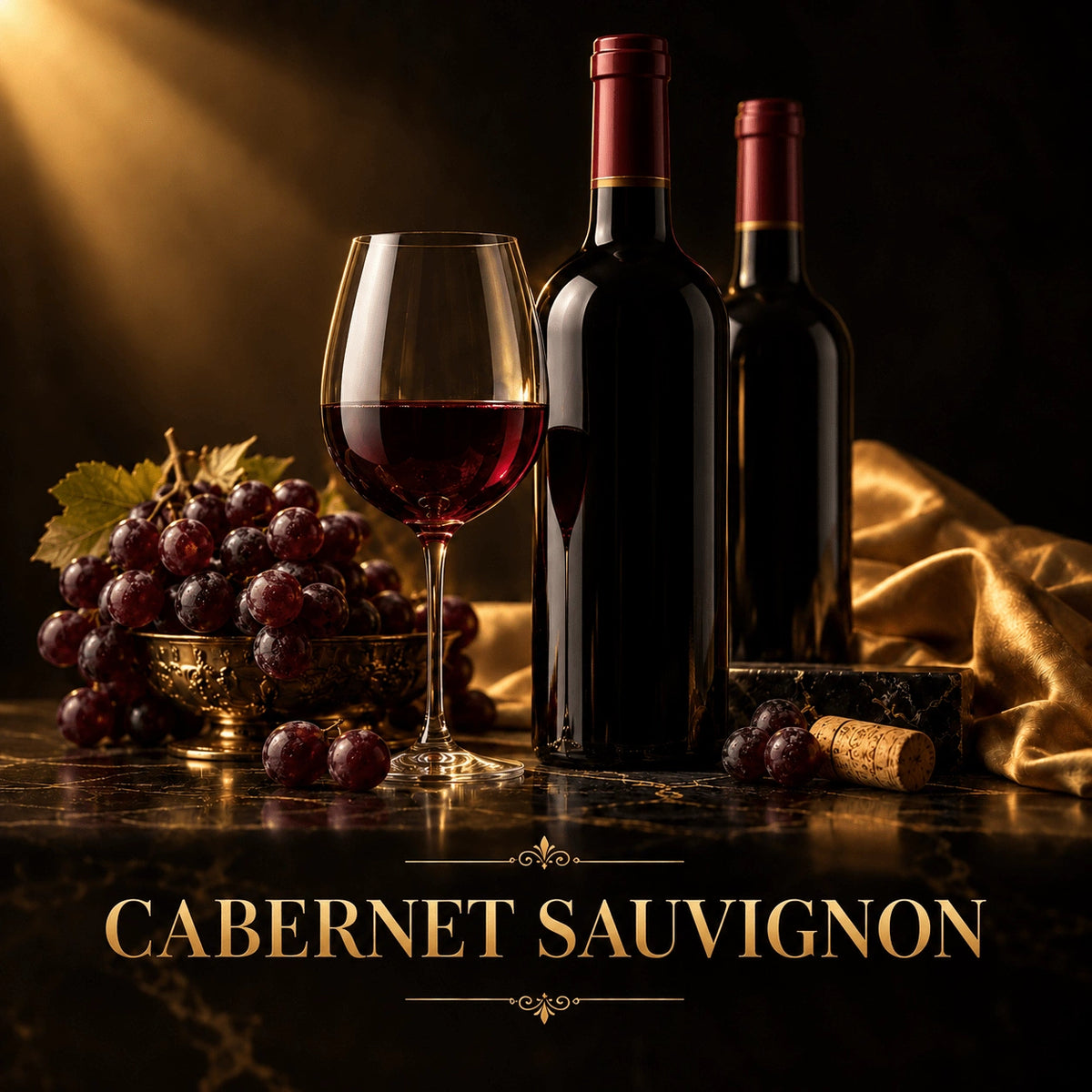 Cabernet Sauvignon wine bottle with red foil capsule on black marble
