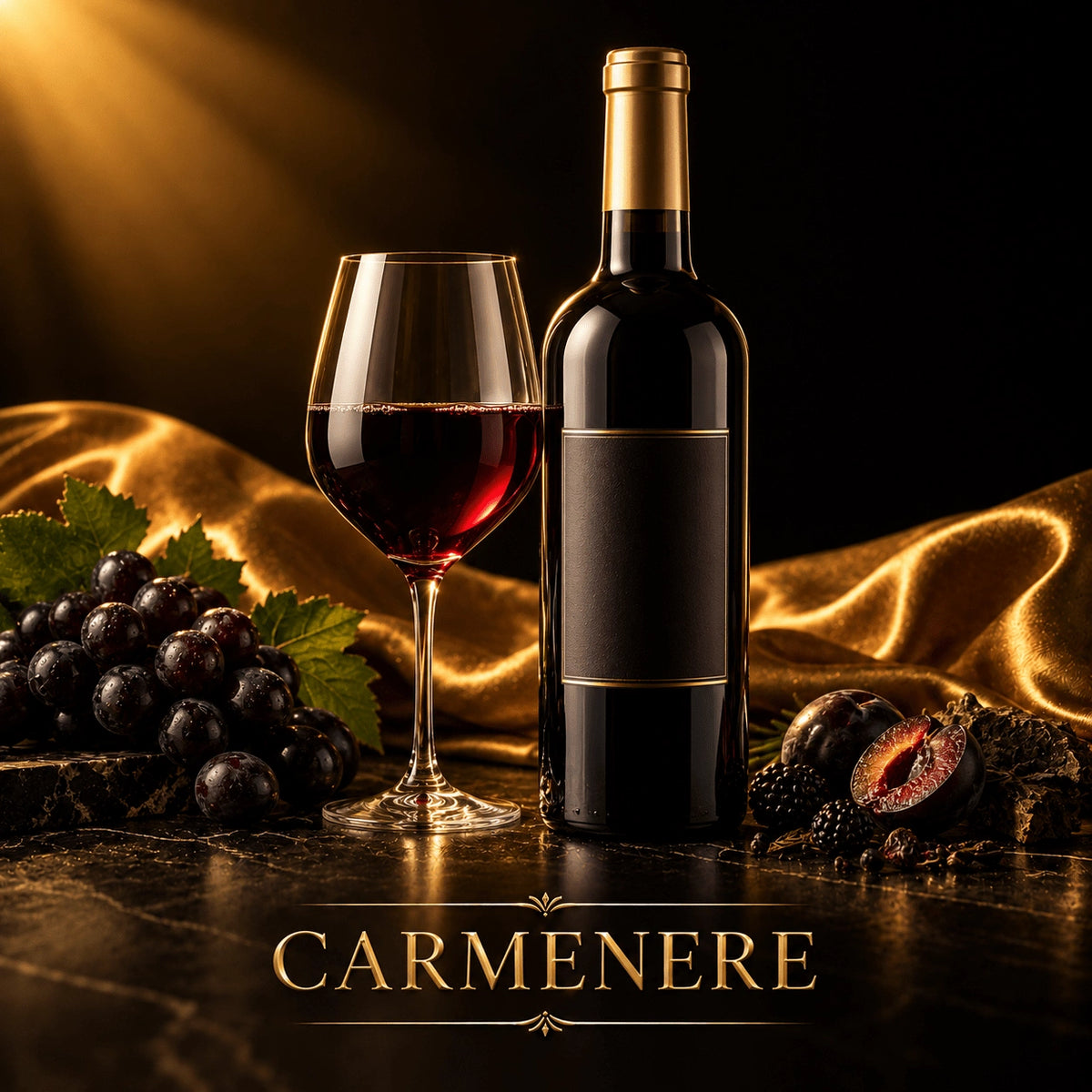 Luxury dark red Carmenere wine bottle with gold foil capsule and blank black label on dark marble surrounded by fresh purple grapes