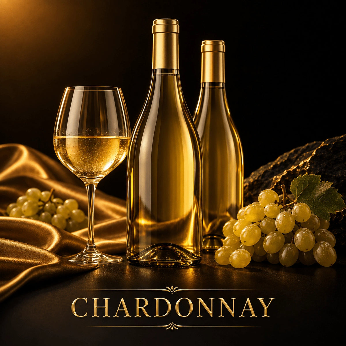 Luxury chardonnay wine bottles on gold satin with fresh grapes