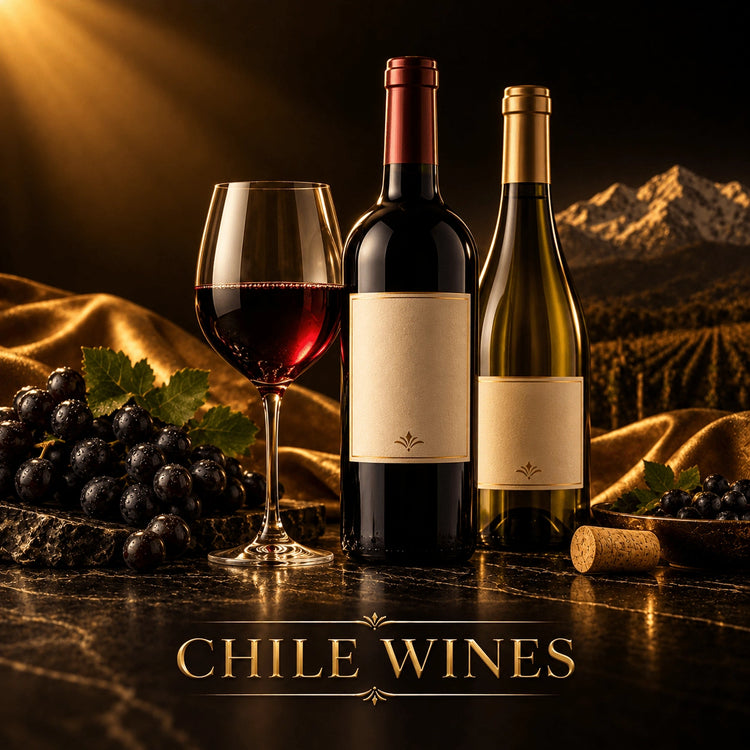 Chile red and white wine bottles with gold foil on marble, grapes, and mountains
