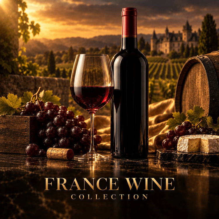 France red wine collection with bottle, glass, grapes, cheese and vineyard background