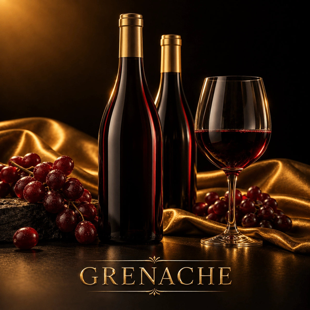 Grenache red wine bottles with gold foil capsules and ruby wine in glass on stone