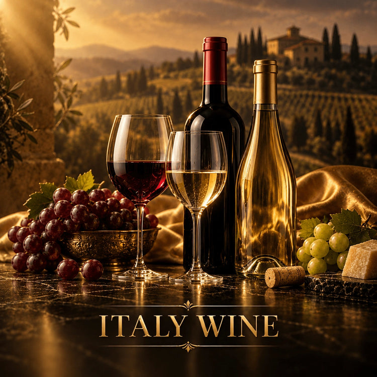 Italy wine collection featuring red and white bottles, grapes, cheese, and cypress vineyard background