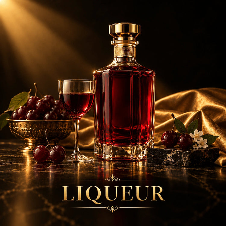 Luxury faceted glass decanter with gold stopper filled with deep red liqueur, styled with fresh cherries and gold accents