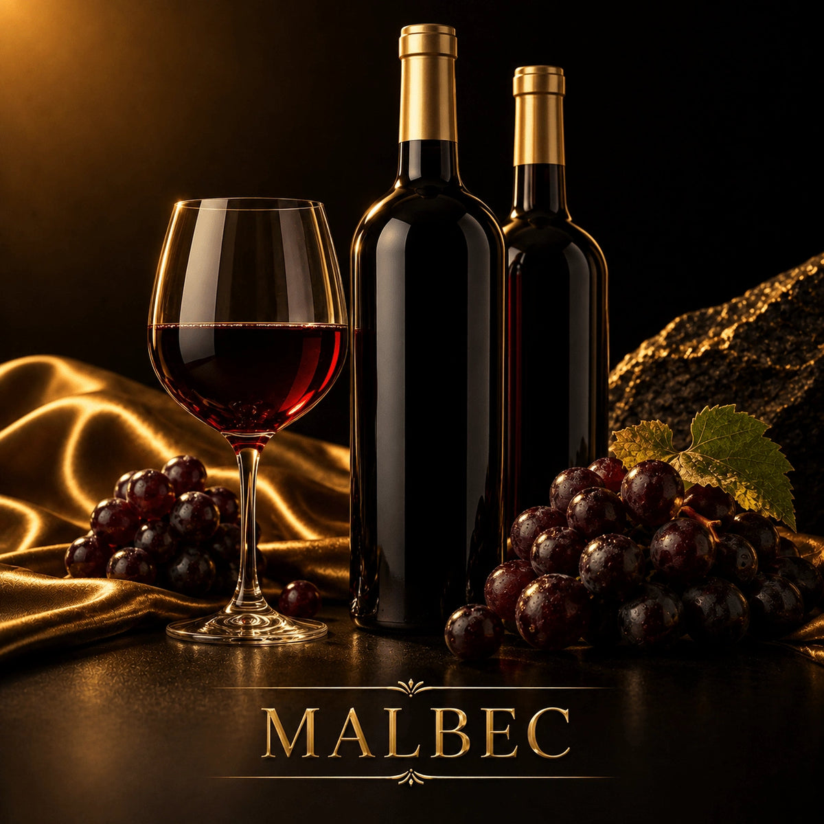 Deep ruby red Malbec wine in glass bottle with gold foil on gold satin fabric