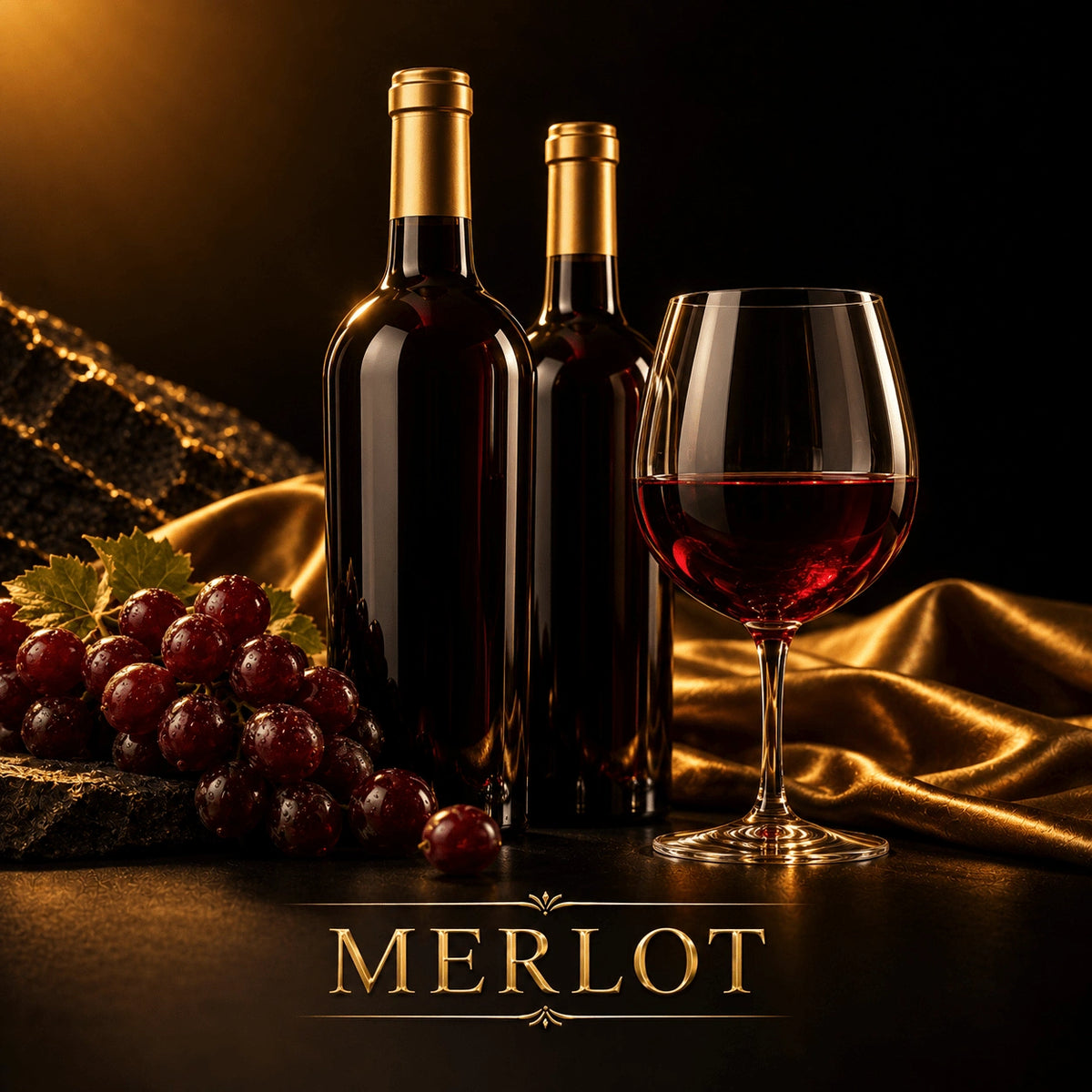 Merlot wine in elegant dark glass bottle with gold foil capsule, served in stemmed glass with fresh grapes on stone