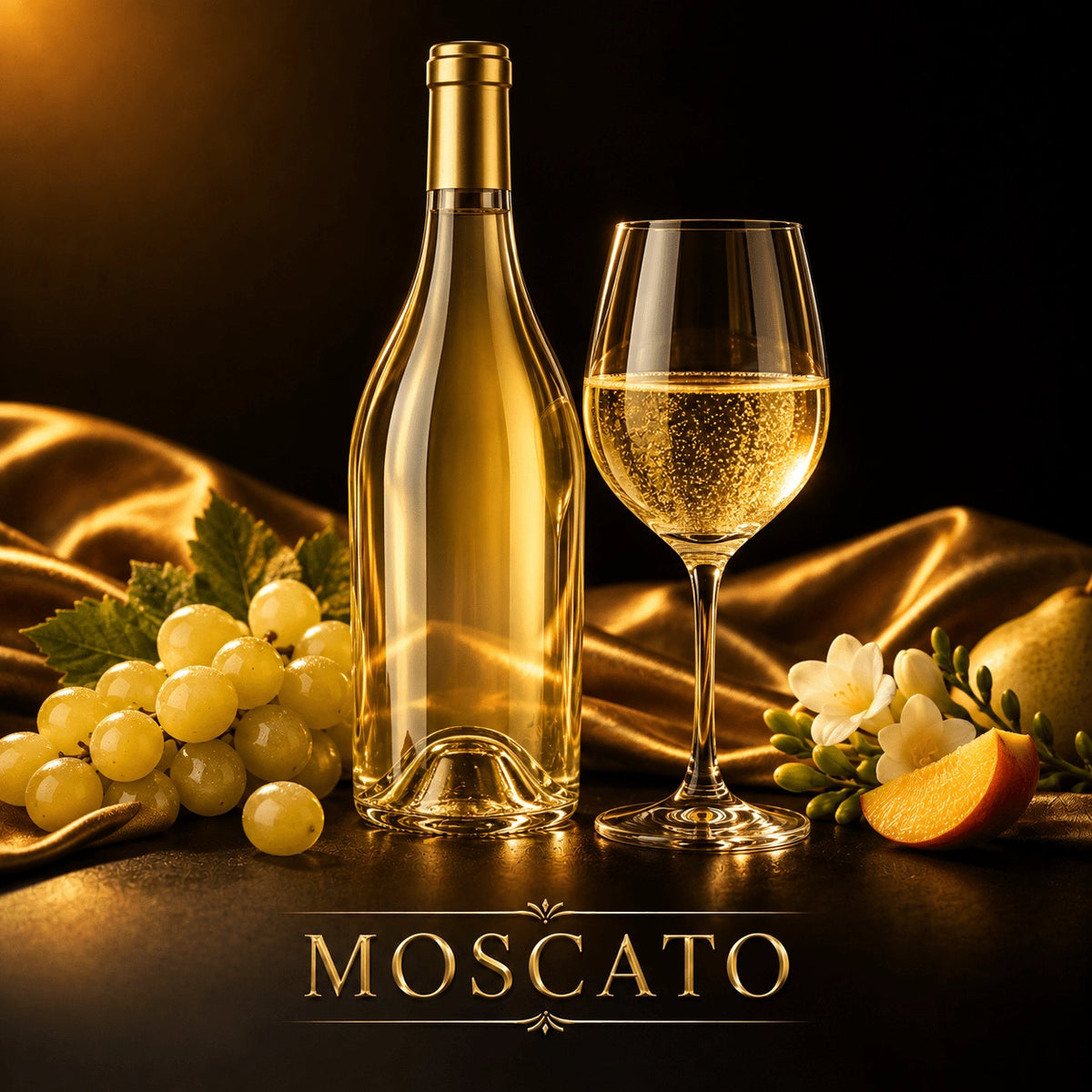 Golden Moscato wine bottle with gold foil neck on amber satin fabric with grapes and jasmine
