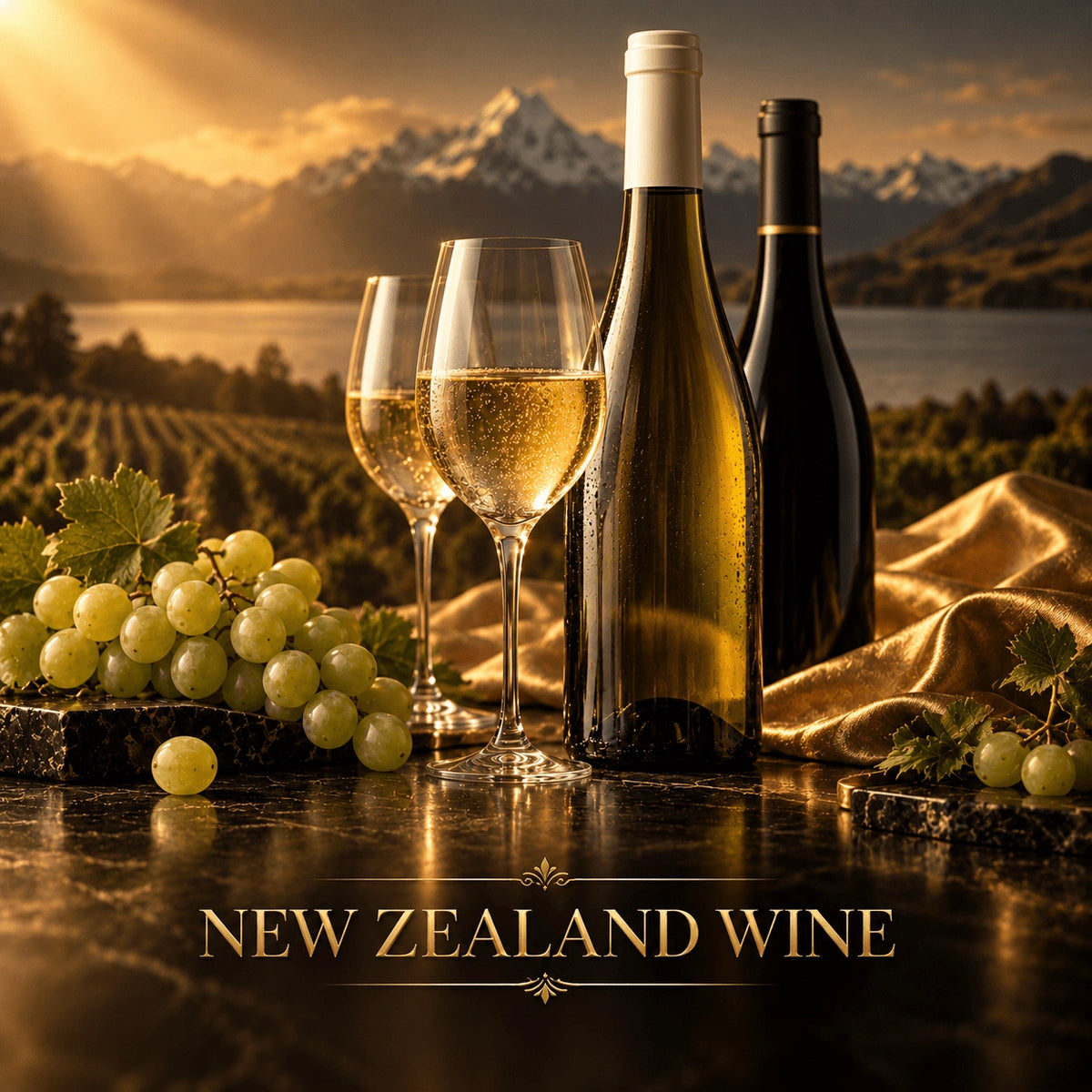 New Zealand white wine glasses with condensation beside pale green bottle and grapes on black marble