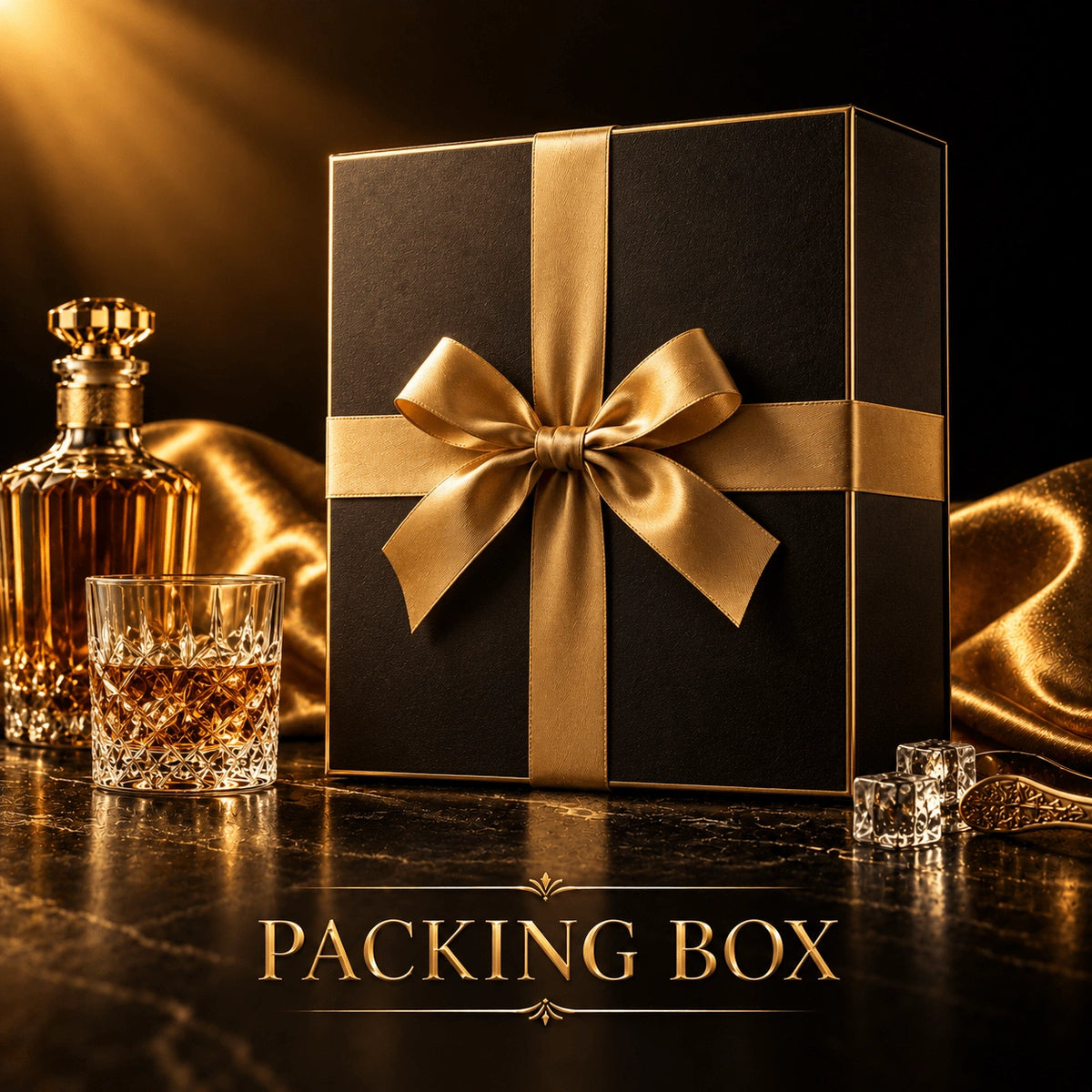 Luxury matte black packing box with gold satin ribbon bow on marble