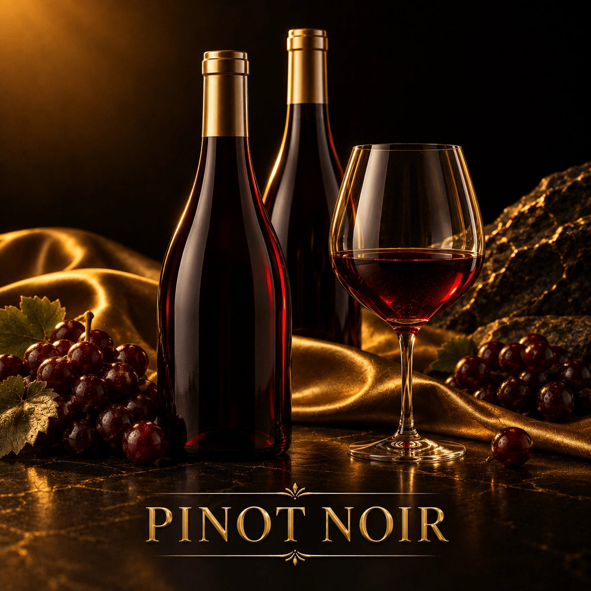 Pinot Noir wine bottles with gold foil on black marble next to ruby red wine and purple grapes