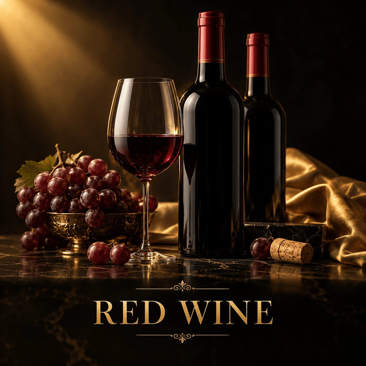 Luxury red wine bottles with deep red foil capsules on dark marble beside ruby wine and grapes