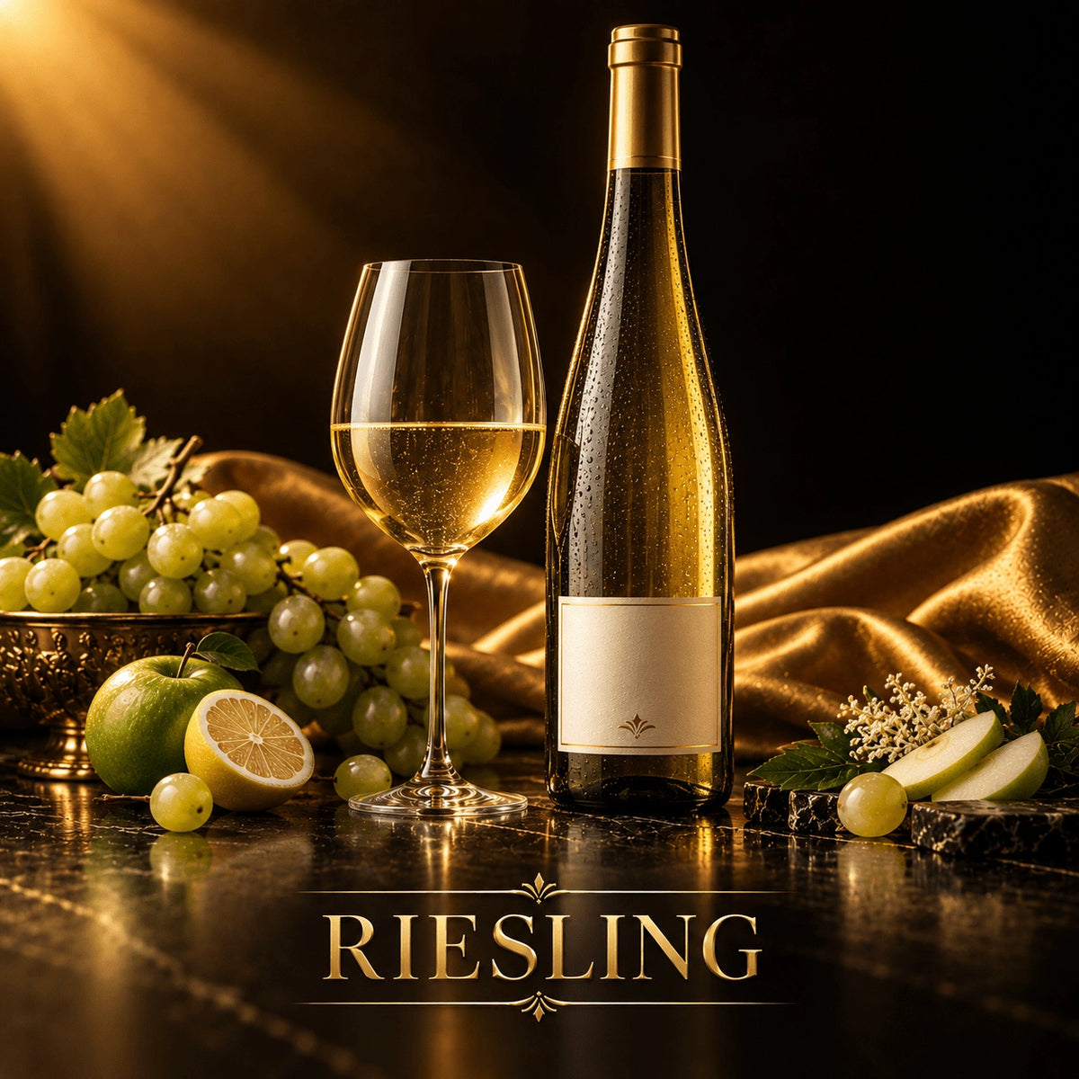 Golden amber Riesling wine bottle with condensation on marble beside glass, grapes and lemon garnish