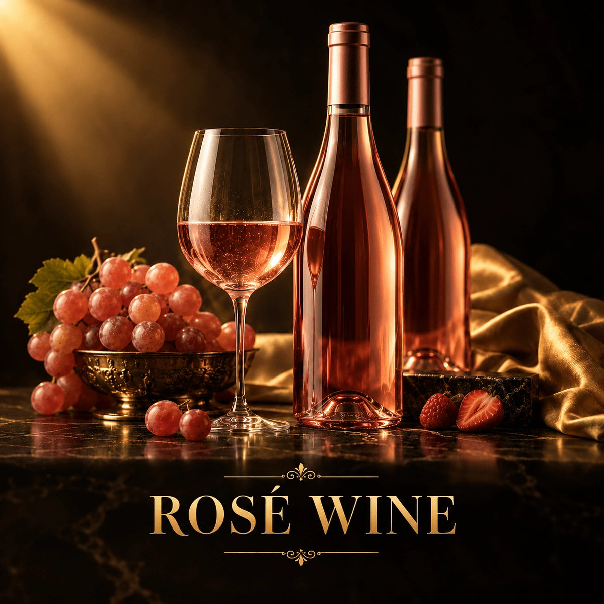 Salmon pink rosé wine in glass and bottle with grapes on marble