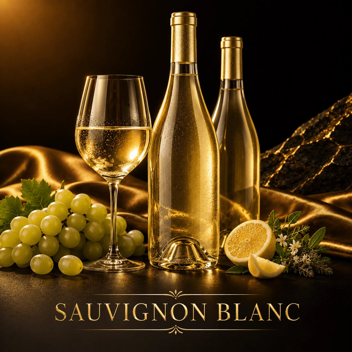 Kingsbar Sauvignon Blanc wine bottle with condensation, grapes, and lemon on dark reflective surface