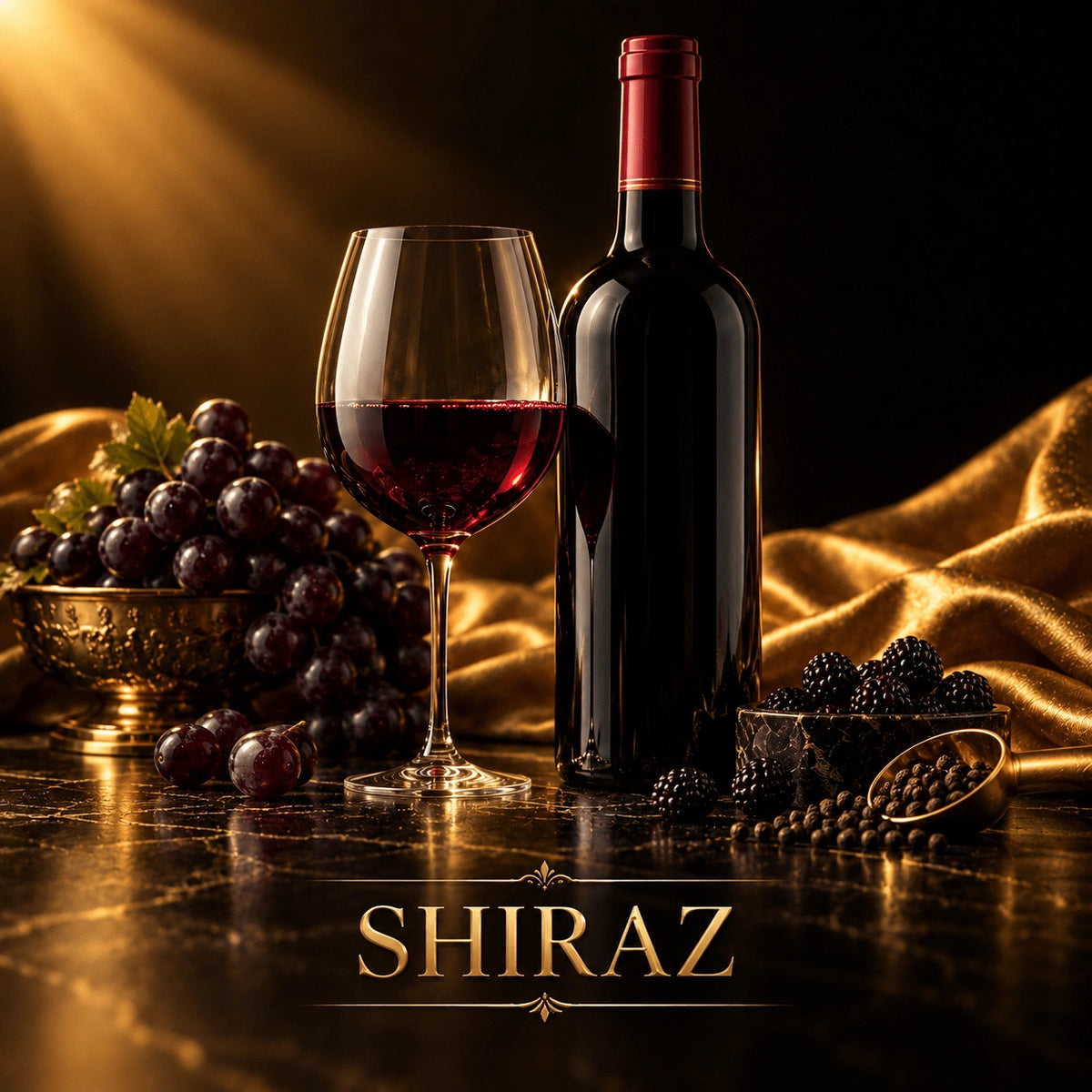 Dark glass Shiraz wine bottle with red foil capsule and deep ruby red wine in stemmed glass on black marble