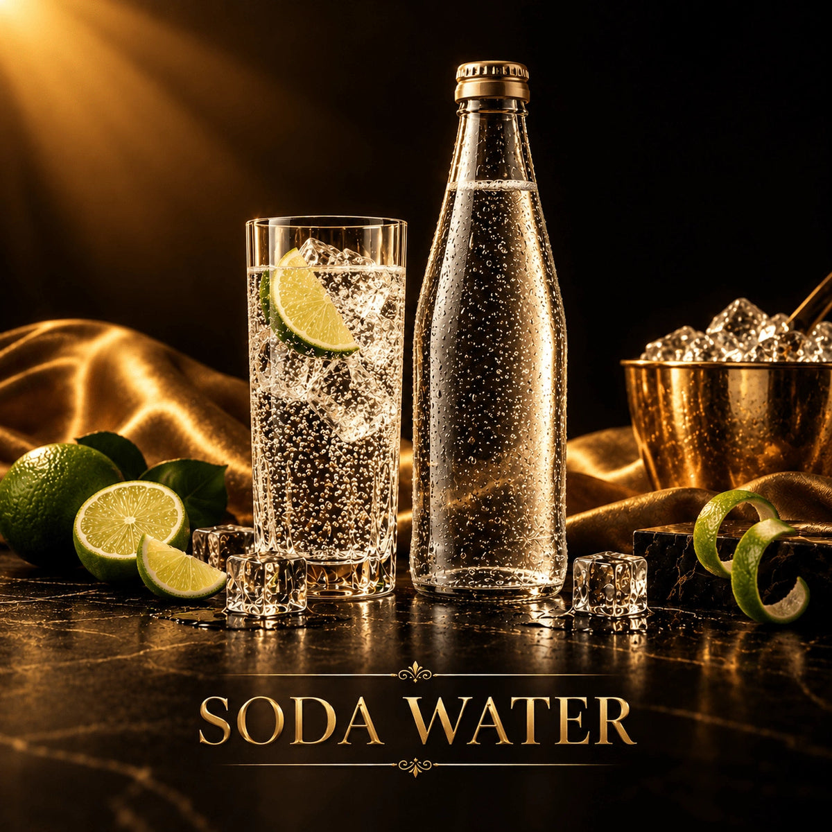 Luxury gold glass sparkling soda water bottle with condensation, styled with crystal glass, ice, lime, and marble
