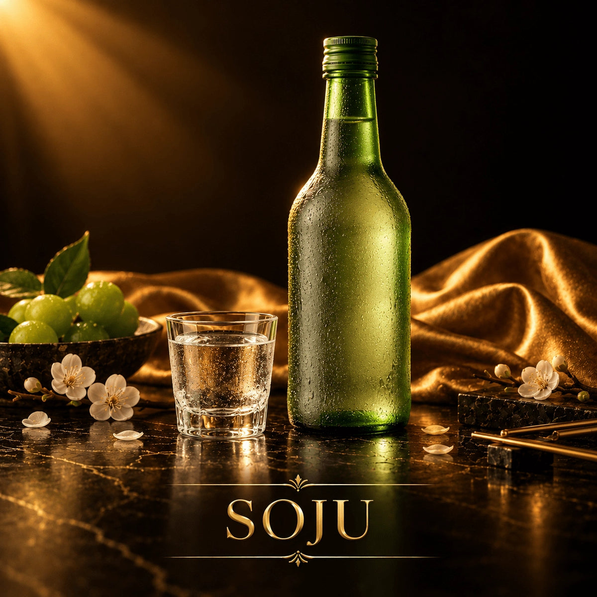 Chilled green glass soju bottle with condensation on marble, served with grapes and cherry blossoms