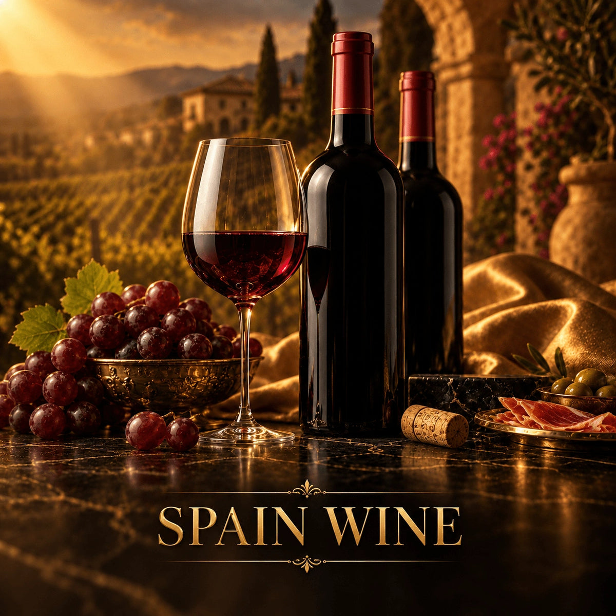 Spain red wine bottles with gold foil capsules on black marble alongside ruby wine and cured ham