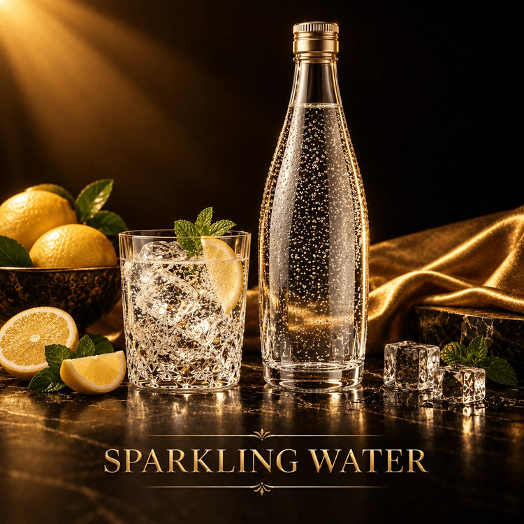 Gold cap sparkling water bottle on marble with lemon mint garnish