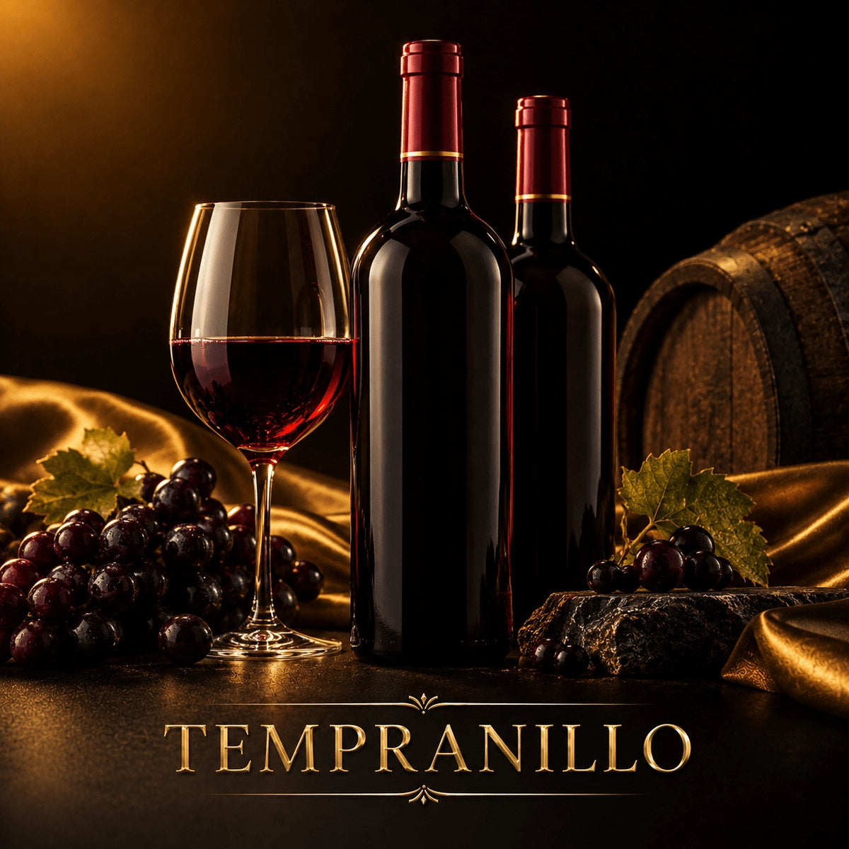 Kingsbar Tempranillo wine bottle with ruby red wine in glass and purple grapes on gold satin