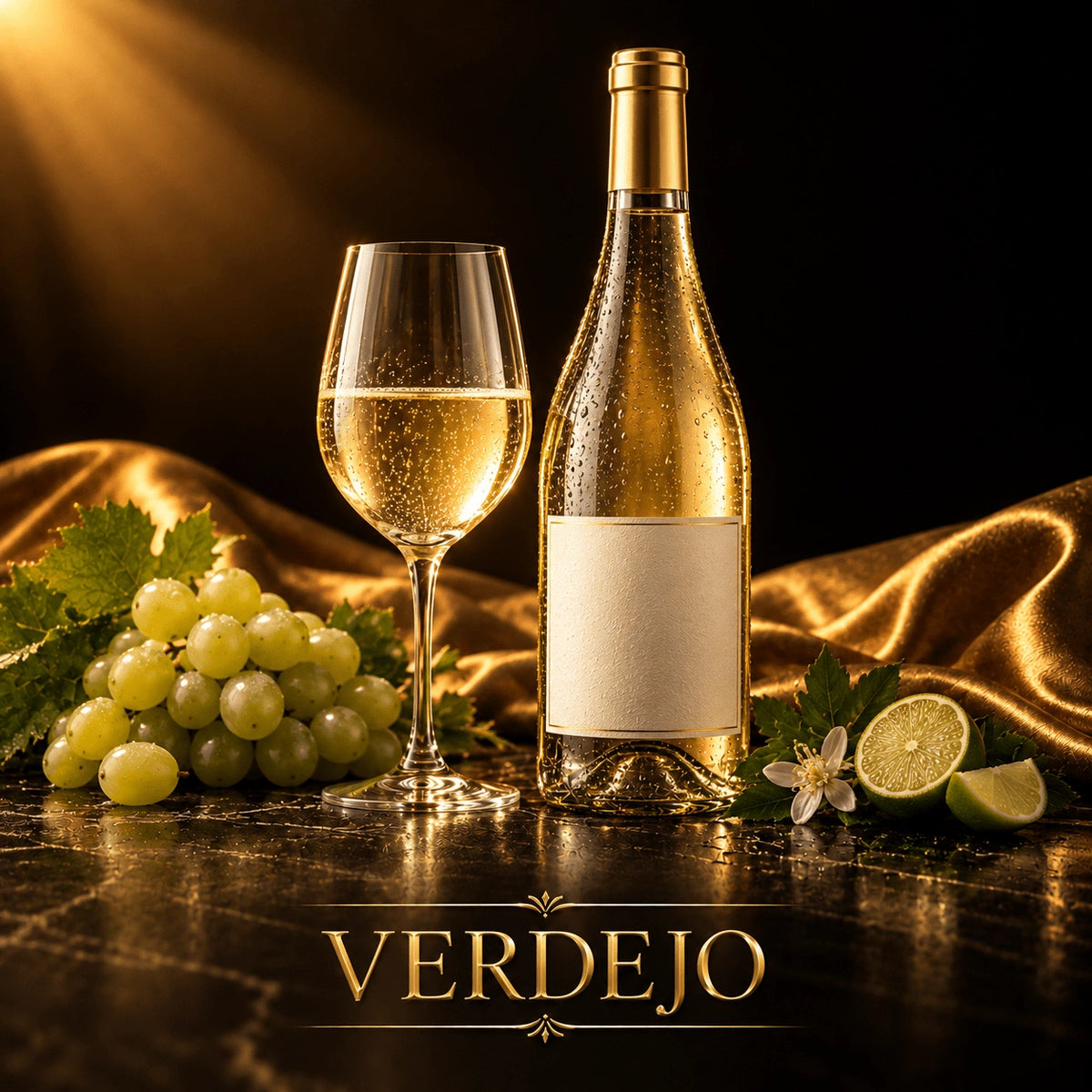 Verdejo white wine bottle with gold foil neck and textured cream label, served in a glass with green grapes and lime on dark marble