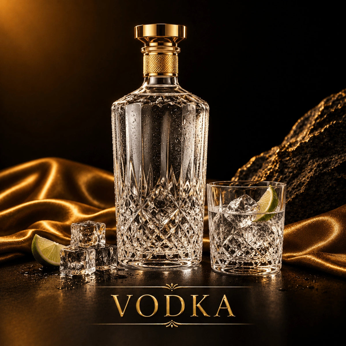 Luxury faceted crystal vodka decanter with textured gold cap and cut glass tumbler on golden satin