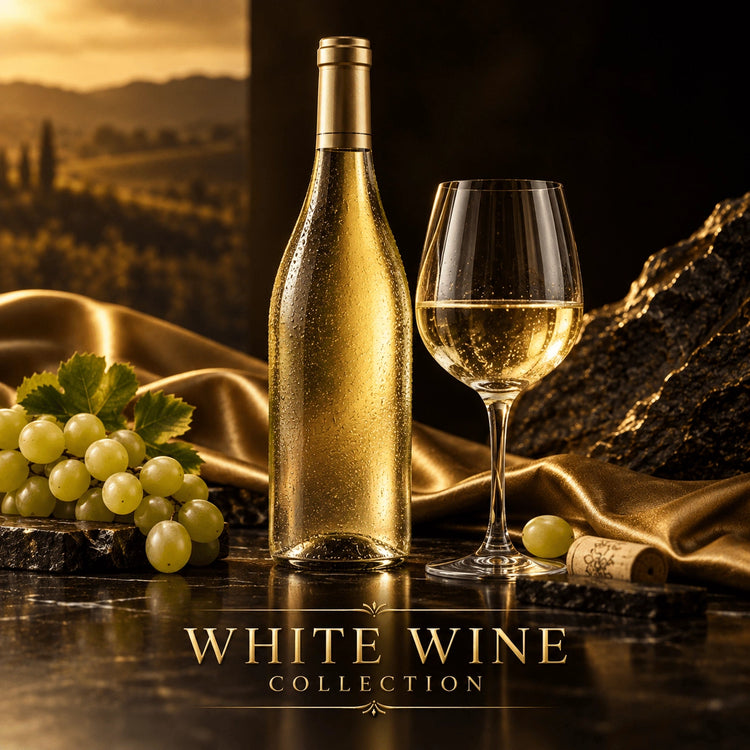 White wine collection with chilled bottle, glass, grapes and gold satin on marble