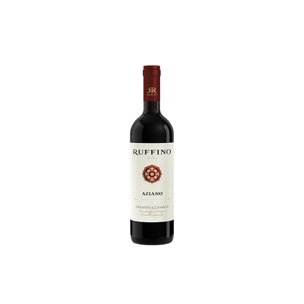 750ml Ruffino Aziano Chianti Classico D.O.C.G bottle with dark glass, red foil capsule, and cream label on white background