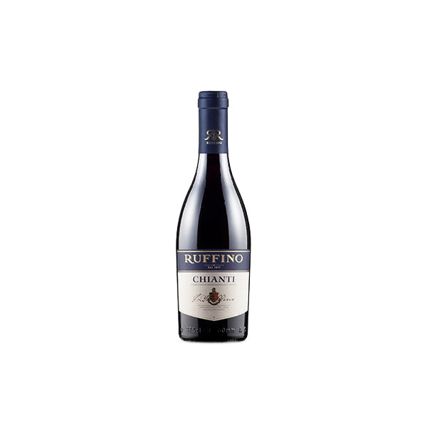 375ml Ruffino Chianti D.O.C.G bottle with navy foil, gold 'R' logo, and black rooster emblem on white background. Not for
