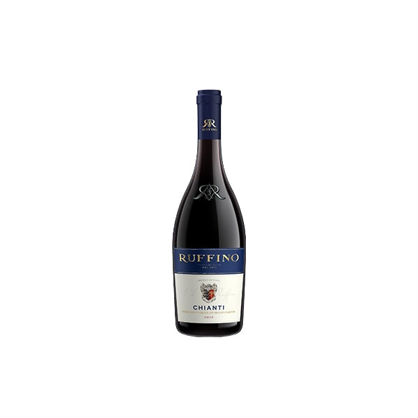 750ml Ruffino Chianti D.O.C.G bottle with navy foil, gold lettering, and rooster crest label